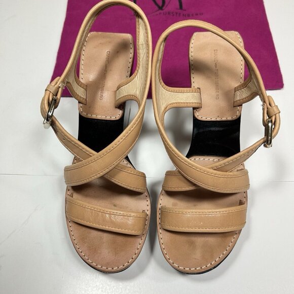 DIANE von FURSTENBERG  Ankle Strap Wedge Platform Sandals Tan Leather Sz 9.5 M - Picture 2 of 11